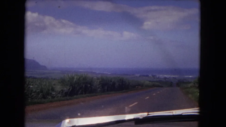 Moving-car view on 8mm film showing a road curving through vegetation toward low mountains and a pale distant horizon.