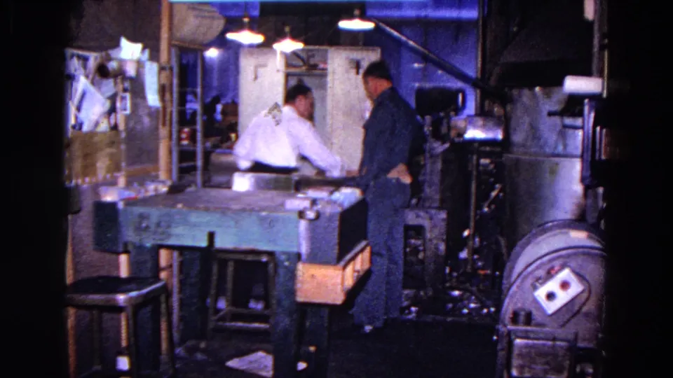 A white-shirted worker leans across the shop workbench while the dark-uniformed worker stands beside machinery in the 1967 Trenton scene.