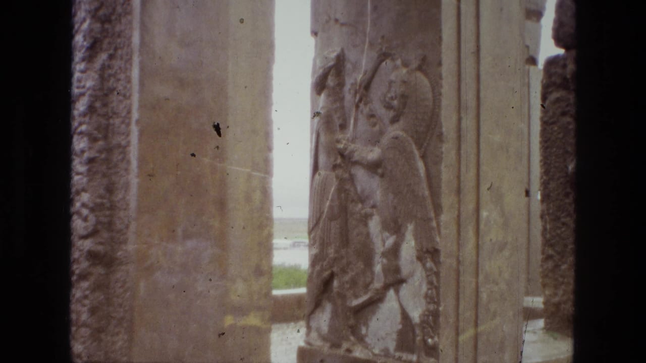 1972 Iran home-movie view of a carved stone relief beside massive ancient pillars, with grass and sky in the background.