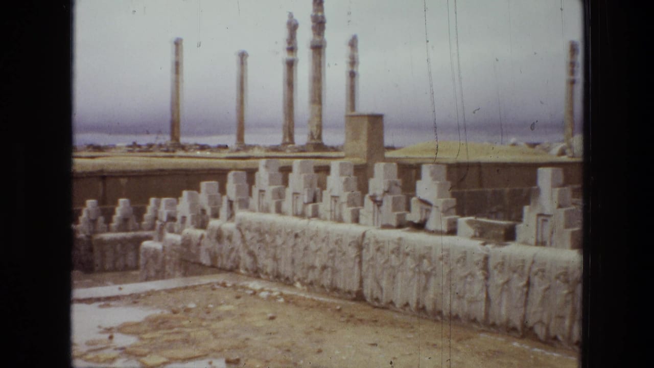 Wide view of ancient columns, stone blocks, and carved reliefs at a ruin site.