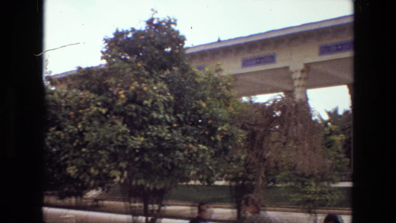 Trees and shrubbery partly obscure a colonnaded structure in a garden.