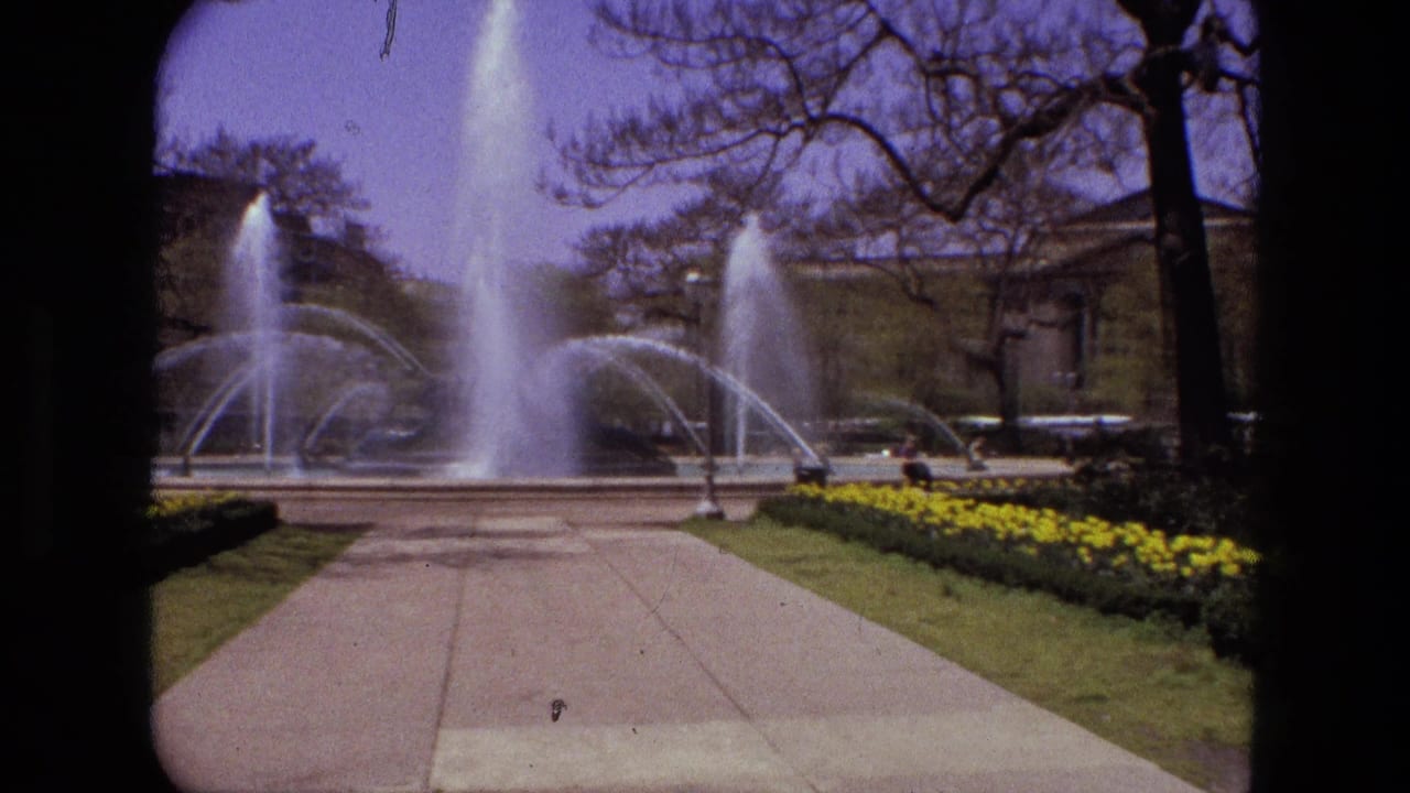 1972 Iran 8mm frame showing a large courtyard fountain, paved walkway, grass, yellow flowers, and bare tree branches.