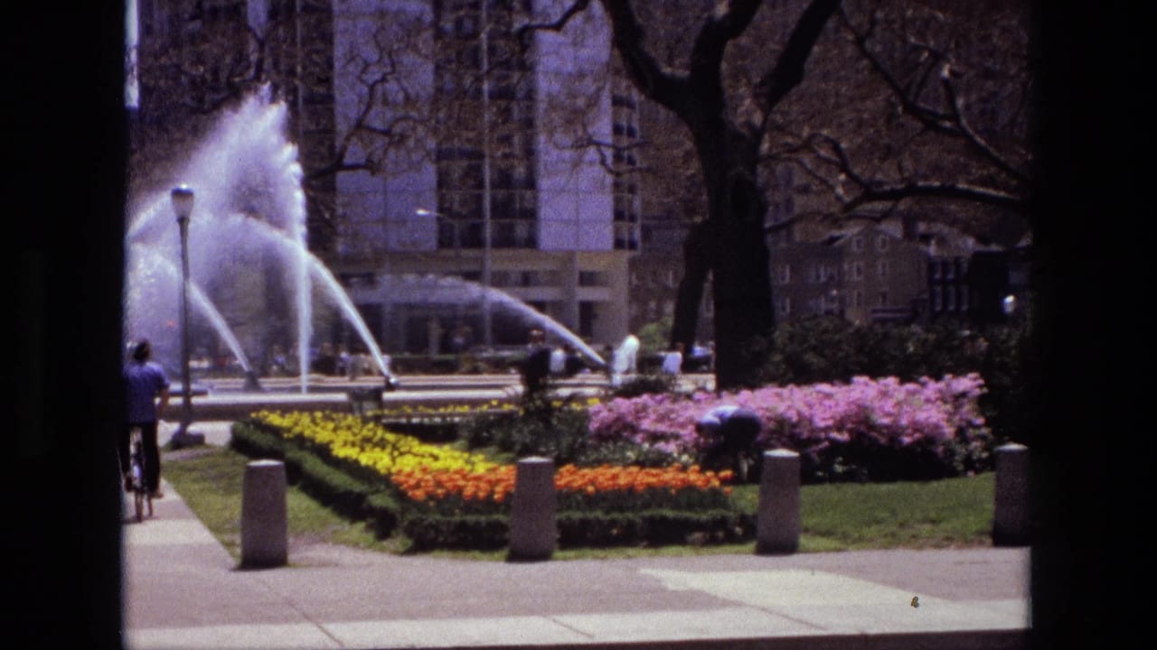 Fountain jets behind yellow, orange, and pink flower beds with pedestrians near the walkway.