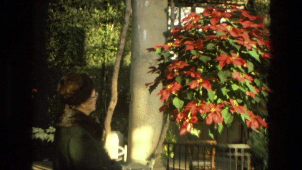 1972 Iran home-movie frame of a woman in profile near red poinsettias, columns and railings in an indoor garden.