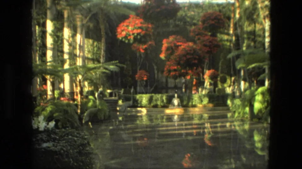 1972 Iran 8mm frame of a greenhouse interior with red flowering plants, palms, reflections, and distant visitors.