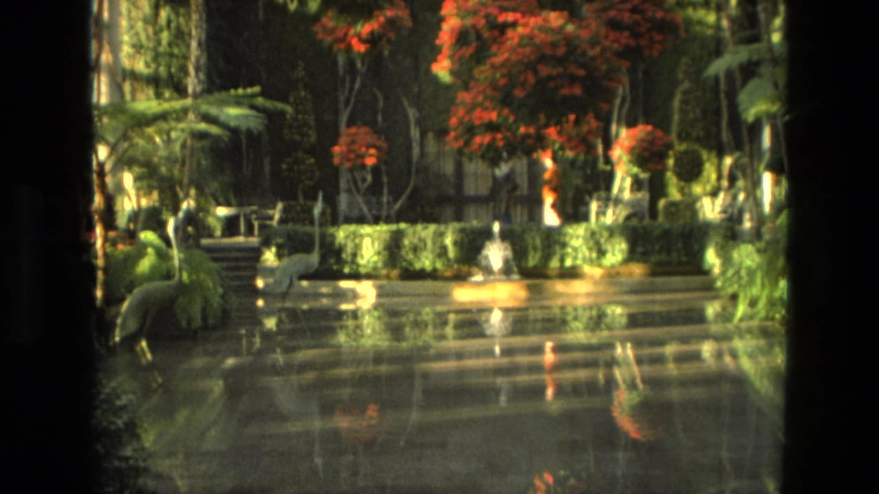 Formal garden with wet paving, fountain spray, red flowering trees, hedges, and a large bird at left.
