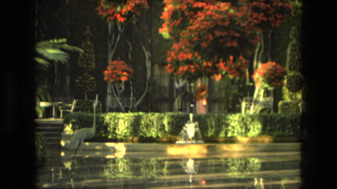 Garden fountain area with hedges, red flowering trees, wet paving, a bench, and a distant person in red.
