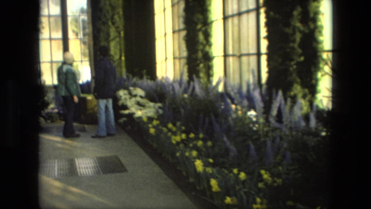 Two adults stand on a garden path beside flower displays.