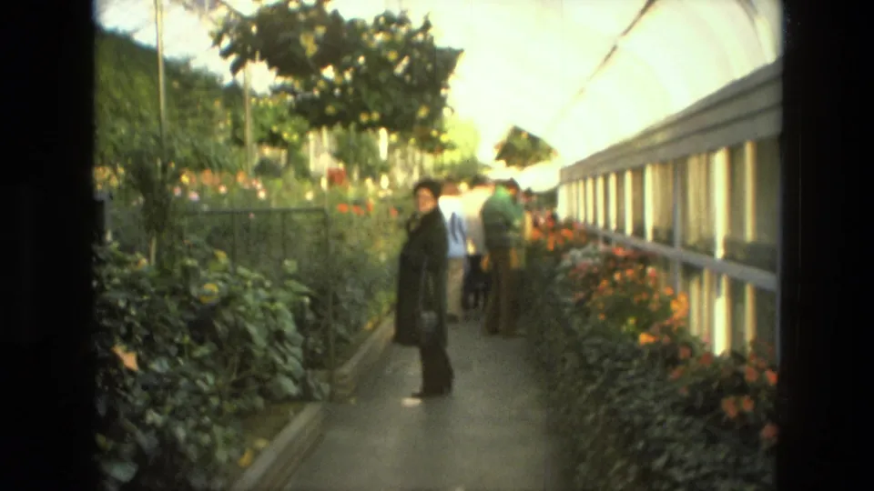 1972 Iran home-movie still of an adult woman paused on a greenhouse path with visitors, flowers, and overhead glass visible.