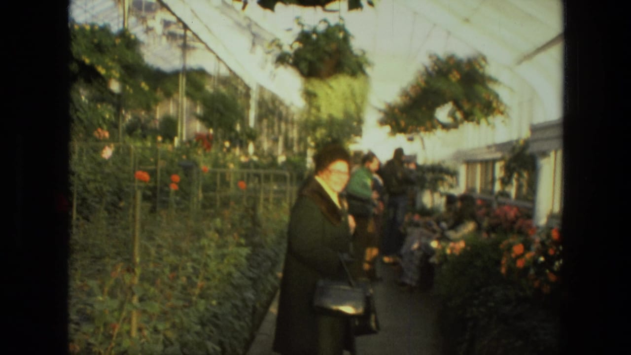Visitors stand and walk inside a greenhouse lined with flowers and greenery.