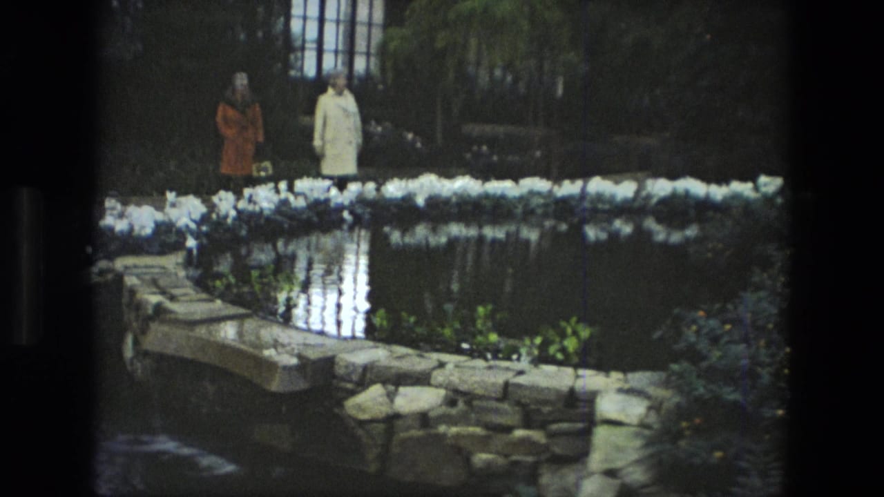 Two women stand near a pond bordered by white flowers and stone edging.