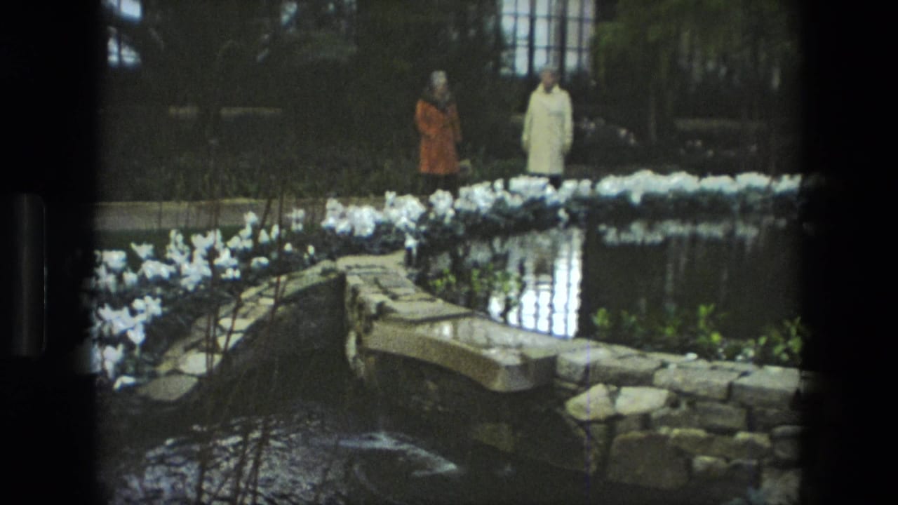 Two women in period coats walk beside a pond in Iran, with white flowers, stone borders, and dark garden greenery visible.
