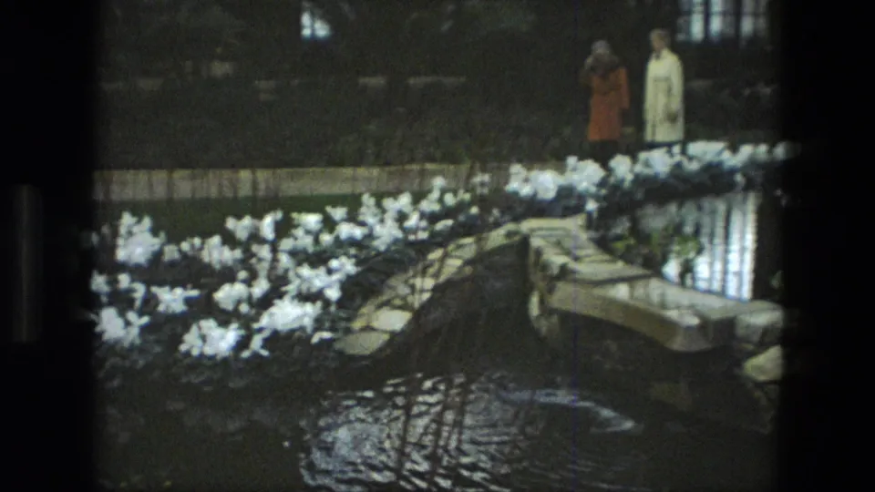 The home-movie frame shows two women beyond a pond, partly framed by white flowers, stone edging, and reflected garden light.