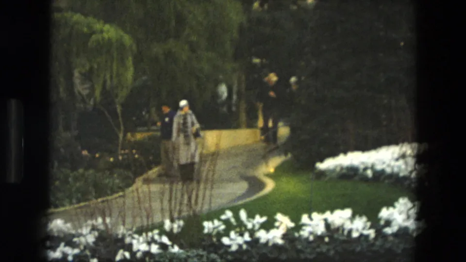 Two visitors walk through the indoor garden on a curving path bordered by white flowers and trees in 1972 Iran footage.