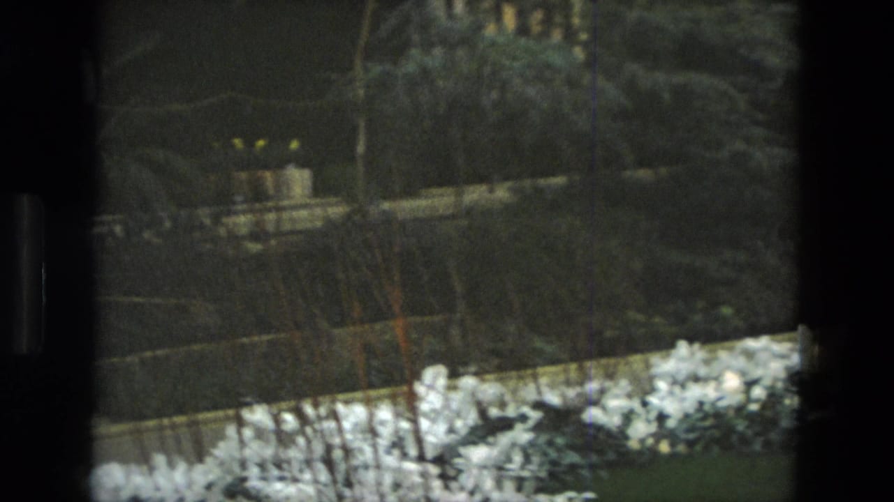 1972 Iran 8mm frame with white flowers, low wall and shadowed garden planting under dim night lighting.