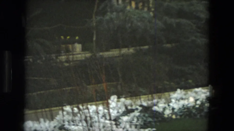 1972 Iran 8mm frame with white flowers, low wall and shadowed garden planting under dim night lighting.