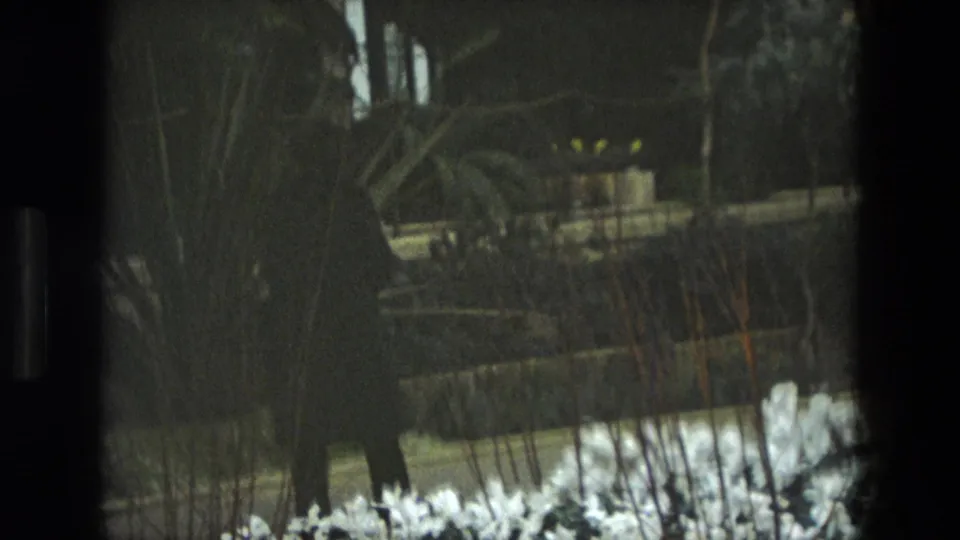 1972 Iran 8mm frame showing a silhouetted walker near a low wall, white flowers and shadowed plants at night.