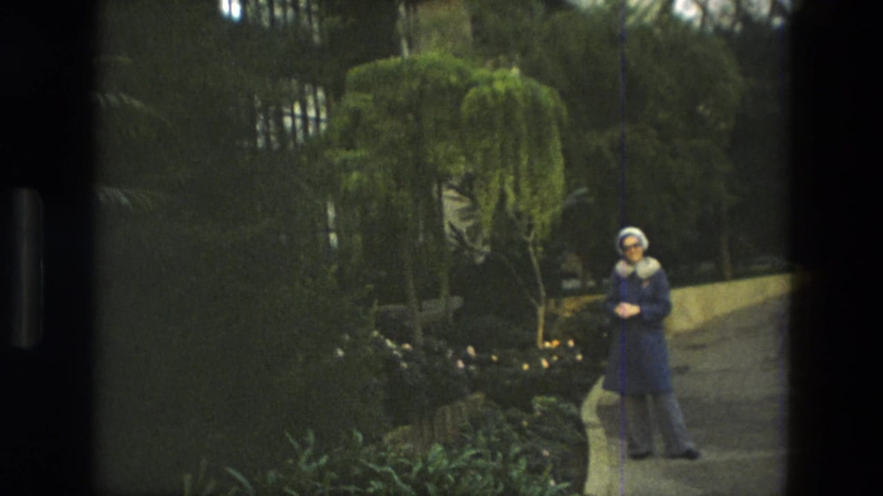 Woman in a blue coat and white headscarf standing beside a small tree in a garden.