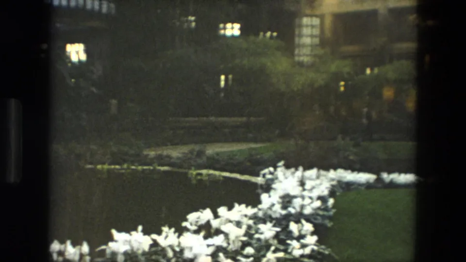 1972 Iran 8mm frame showing white flower beds, water, shrubs, and a building seen through dark vertical framing.