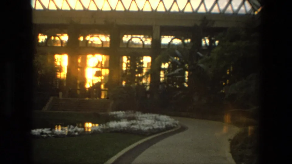 1972 Iran 8mm view of a winding sidewalk beside lawn, flower beds, a reflective pond, and an illuminated arched-window facade.