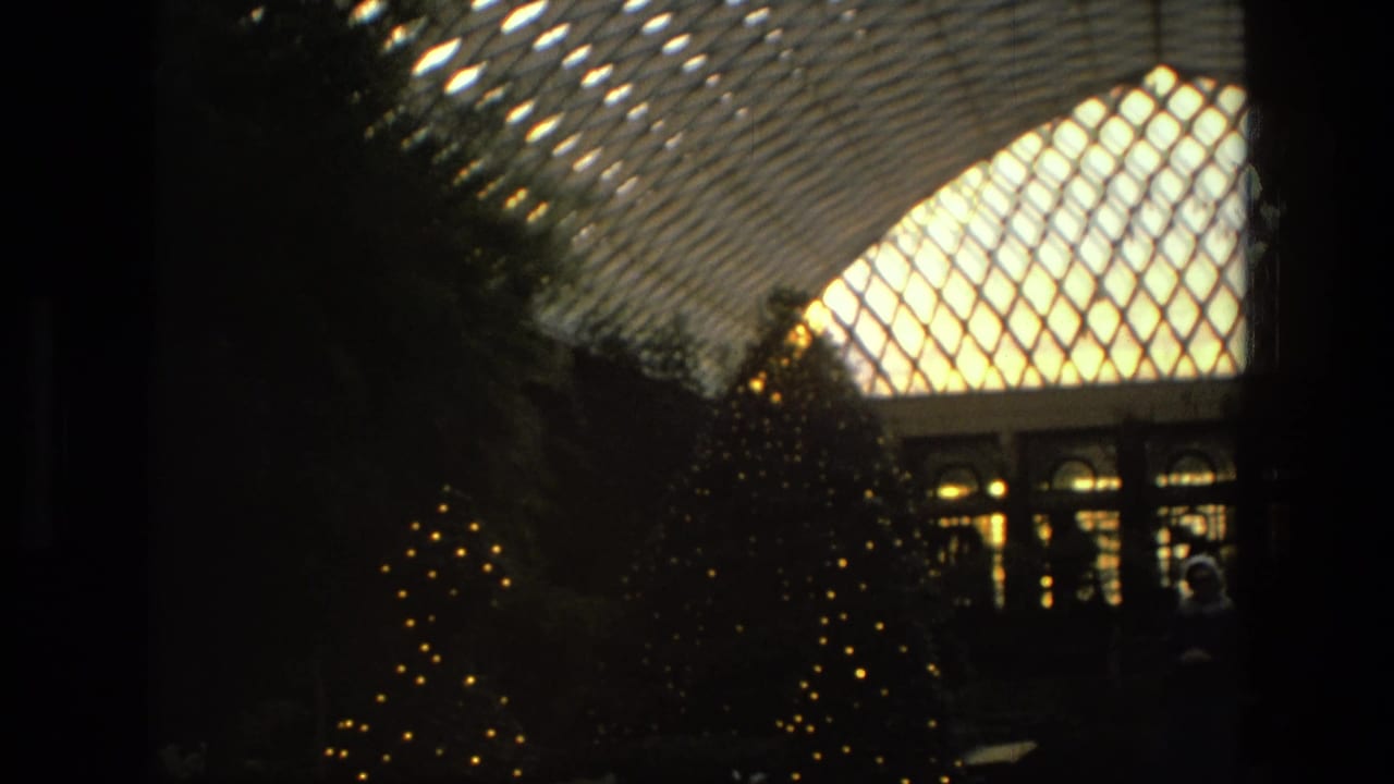 1972 Iran 8mm frame showing illuminated Christmas trees and greenery under a large patterned glass ceiling.
