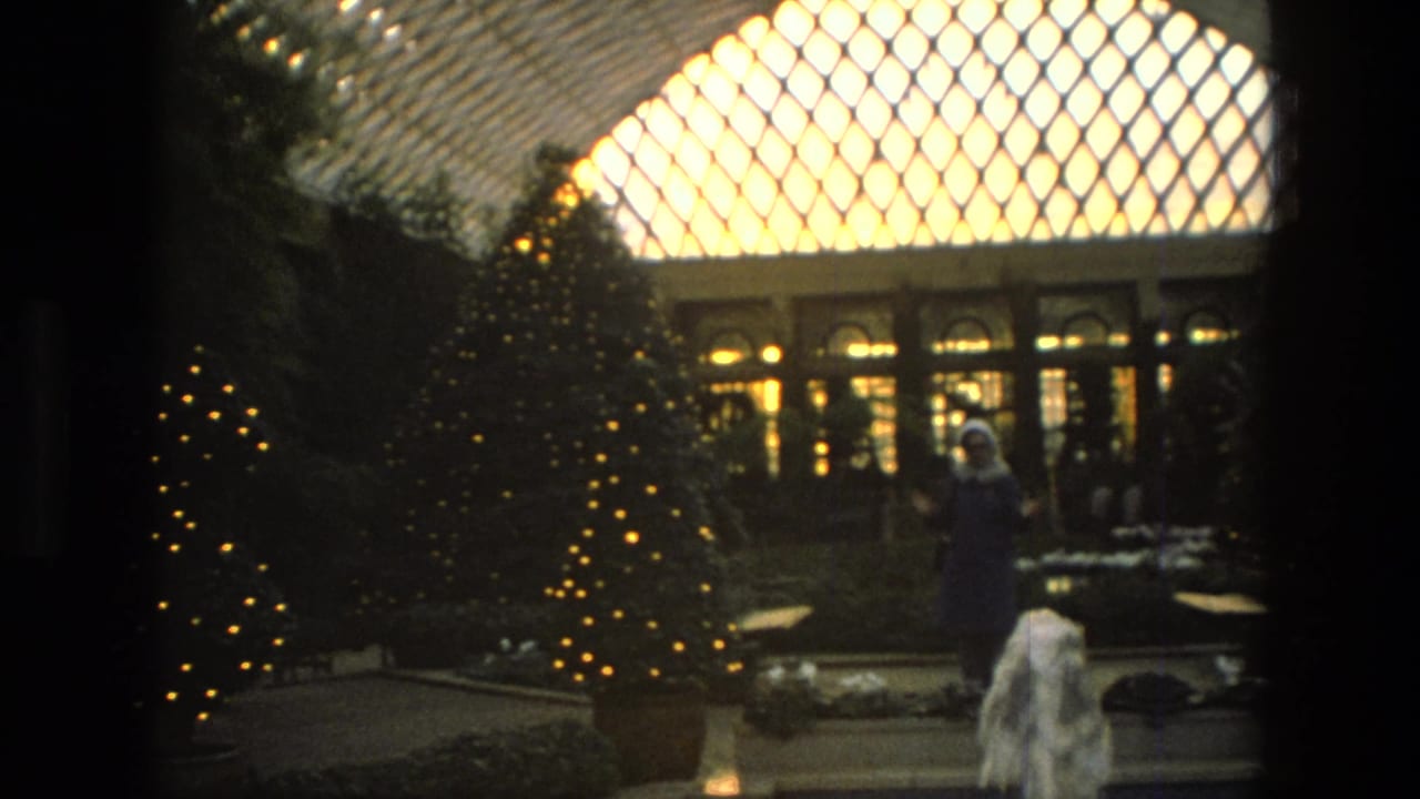 1972 Iran home-movie frame of a woman in dark clothing near a fountain and Christmas lights in an indoor conservatory-like setting.