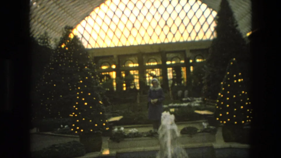 1972 Iran 8mm frame showing a woman facing the camera near a small white fountain and warm Christmas tree lights.