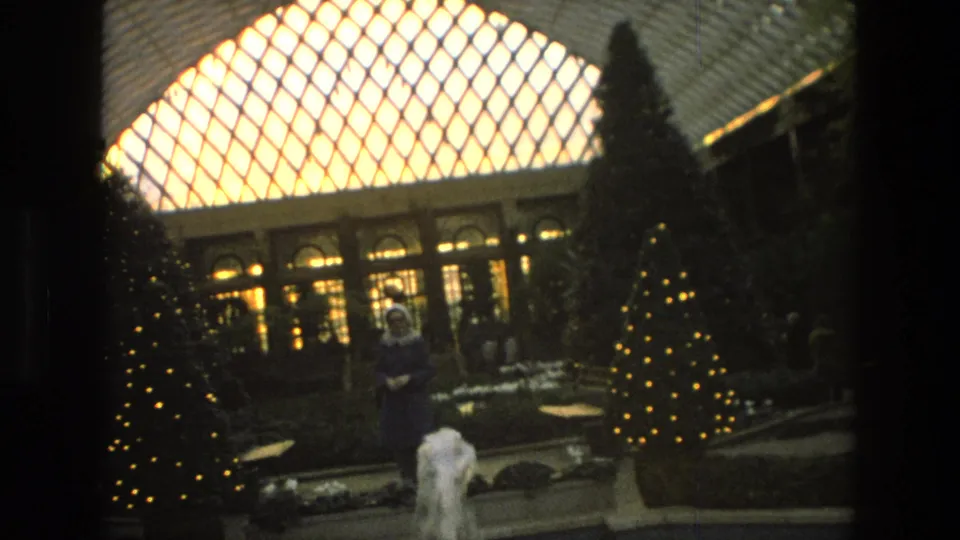 1972 Iran home-movie frame with a woman near a fountain, Christmas lights, greenery, and a bright diamond-patterned roof.