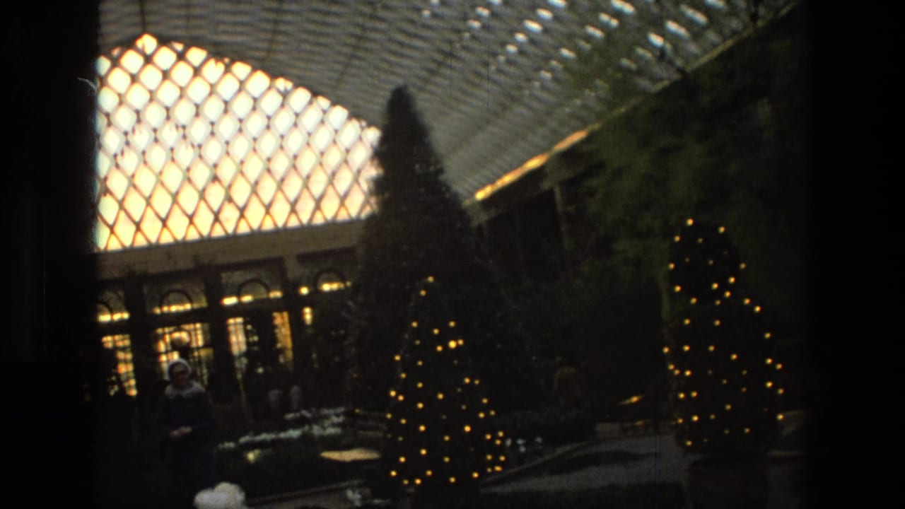 1972 Iran footage frame with illuminated Christmas trees, arched windows, shrubs, and a distant visitor under a bright glass roof.