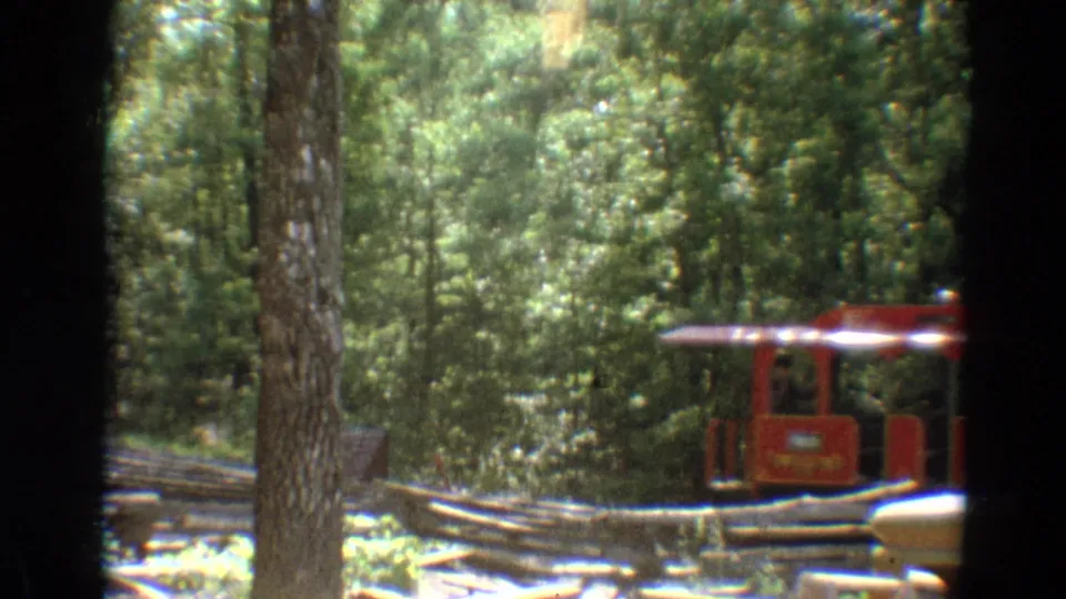 A red trolley car moves toward the right edge of the 1968 Branson home-movie frame, partly obscured by trees and trackside fencing.