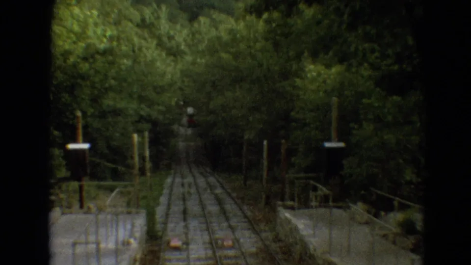 Wooded Branson attraction view looking down narrow railway tracks with small signal posts and railings on both sides.