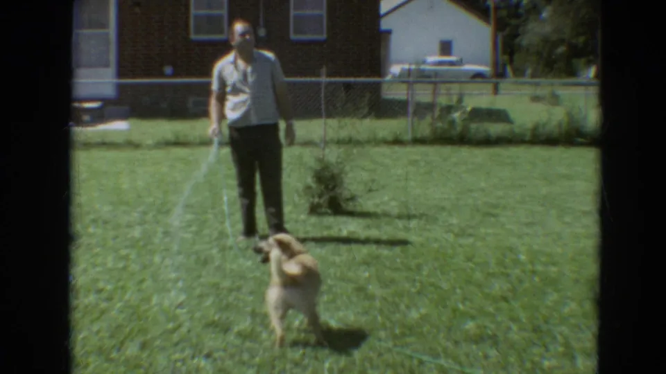 The dog turns toward the hose stream as the man stands in a sunlit Branson backyard, with a fence, brick house, and car behind them.