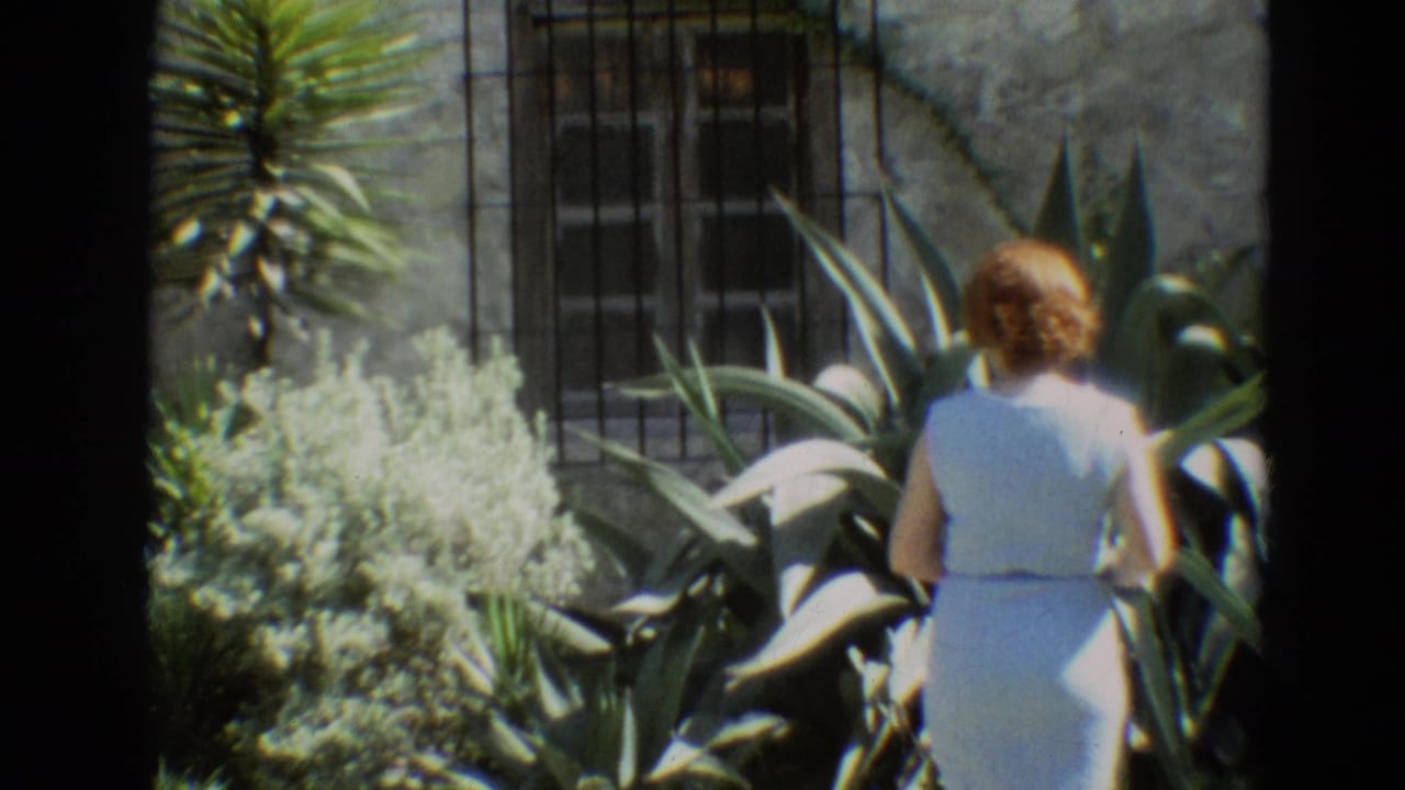 Woman in a white sleeveless dress seen from behind among garden plants near a barred window.