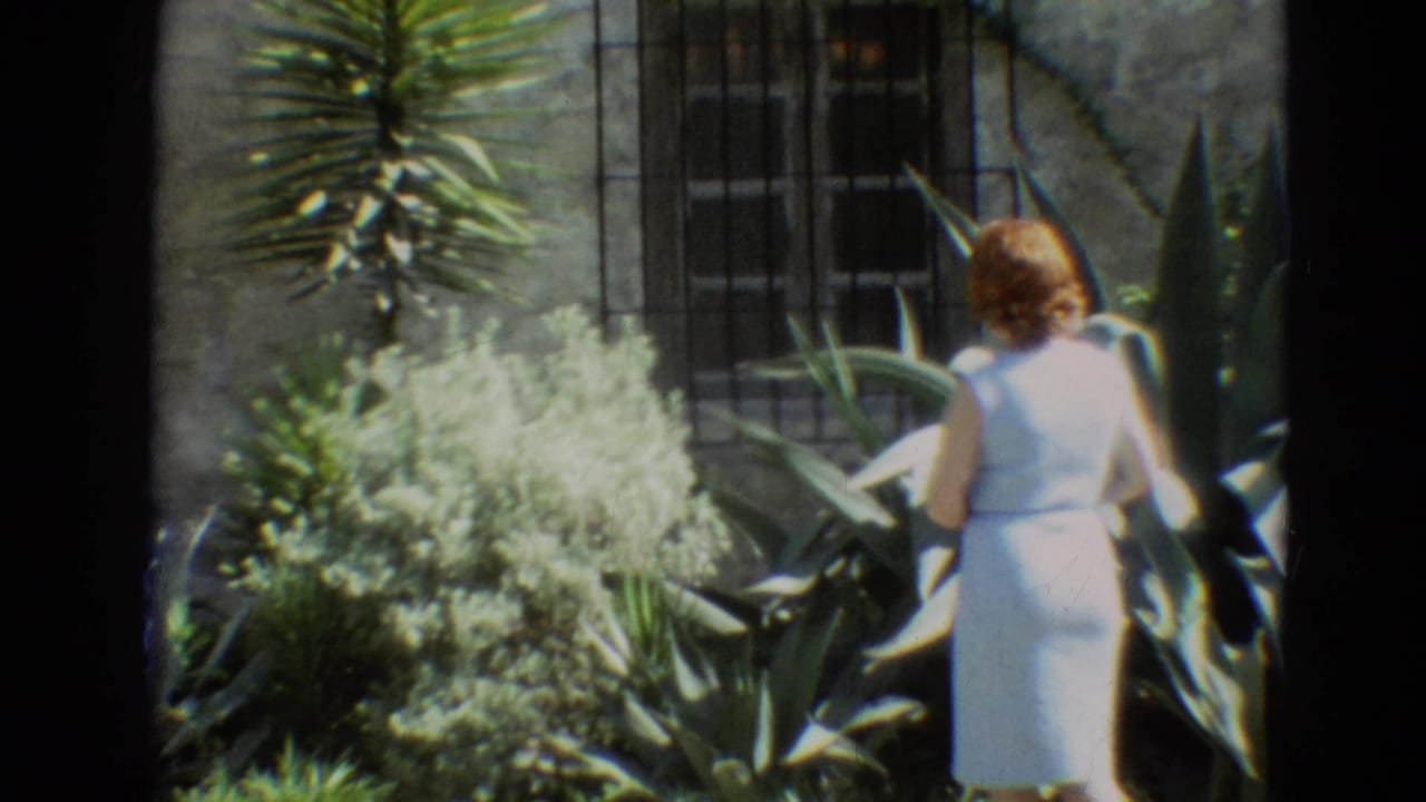 Woman in a white dress walks beside large spiky plants and a barred window.