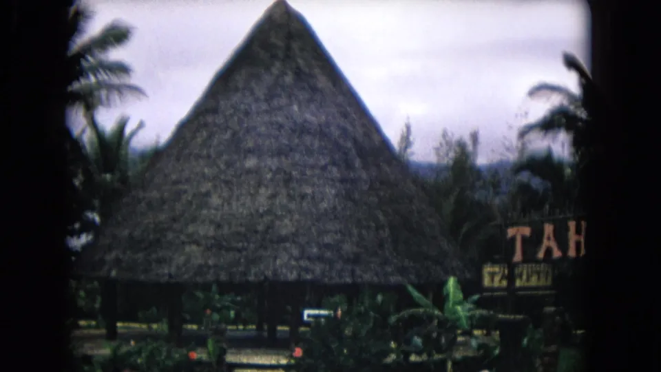 1968 Honolulu home-movie view of a centered thatched hut, partial Tahiti sign, palms, tropical plants, and distant tree line.