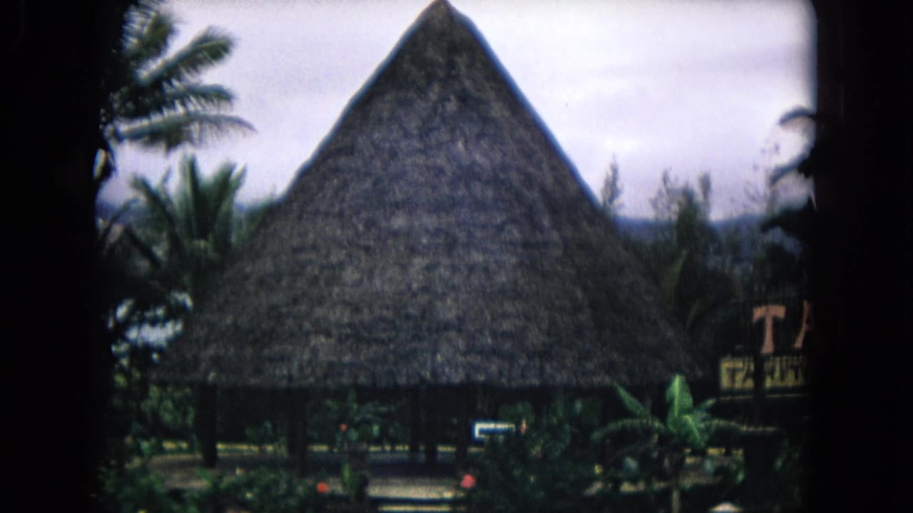Thatched-roof structure among palms and tropical plants with small signs near a walkway.