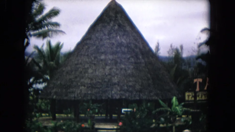 1968 Honolulu home-movie frame showing a steep thatched roof, palms, landscaped greenery, a path, and small partially readable signs.