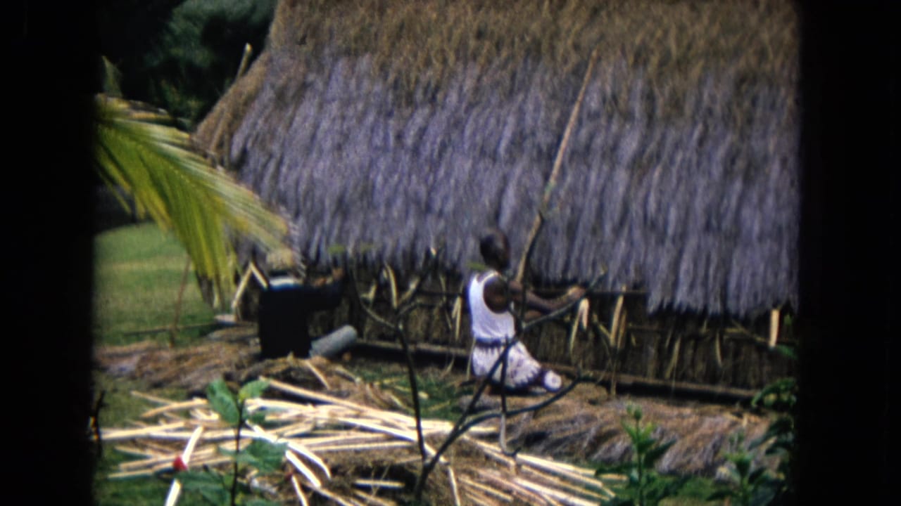 Person seated beside a thatched structure while another figure works with a long pole.