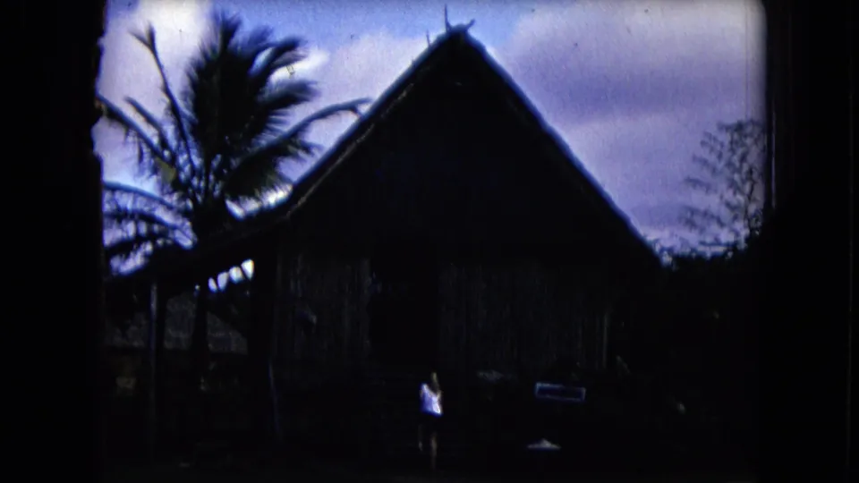 1968 Honolulu frame of a dark thatched structure with palm trees and a person visible near the front.
