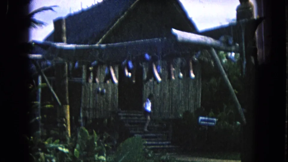 1968 Honolulu 8mm still with a person near steps under a thatched roof, with railing, hanging objects, and plants visible.