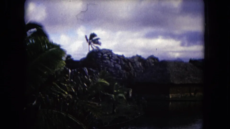 1968 Honolulu 8mm frame showing tropical foliage, a thatched roof, and cloudy sky in a visitor-shot landscape view.