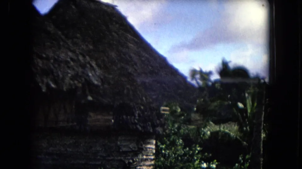 1968 Honolulu home-movie frame with a large thatched hut roof, tropical plants, palms, and blue cloudy sky.