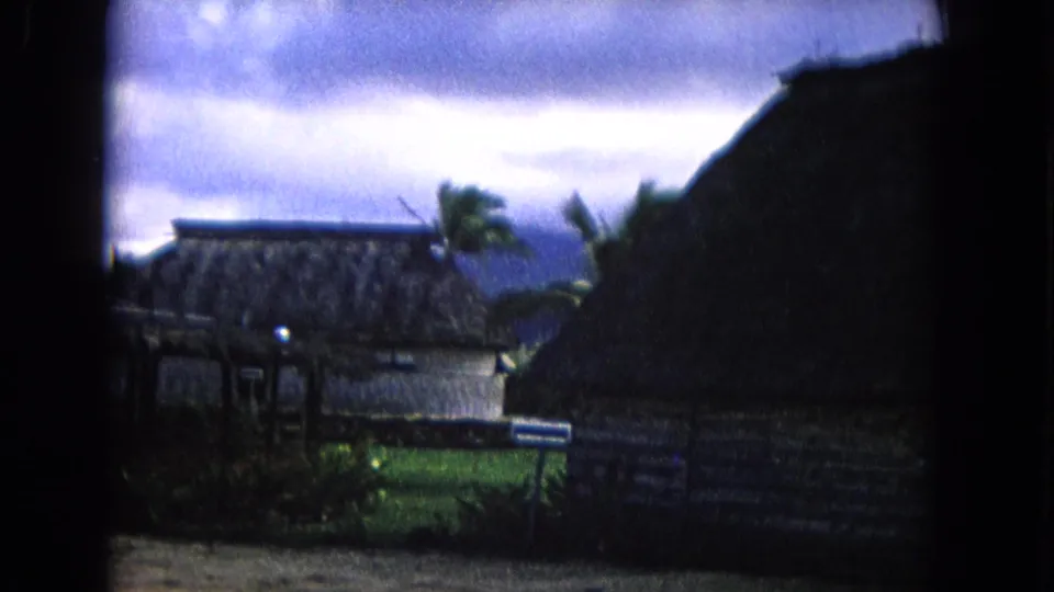 1968 Honolulu 8mm view of a thatched-roof structure, palm trees, fencing, and shaded tropical grounds.