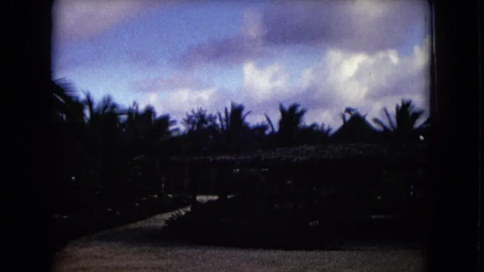 A Honolulu travel-frame shows a path or open ground near thatched roofs and palms, with the scene underexposed in the foreground.
