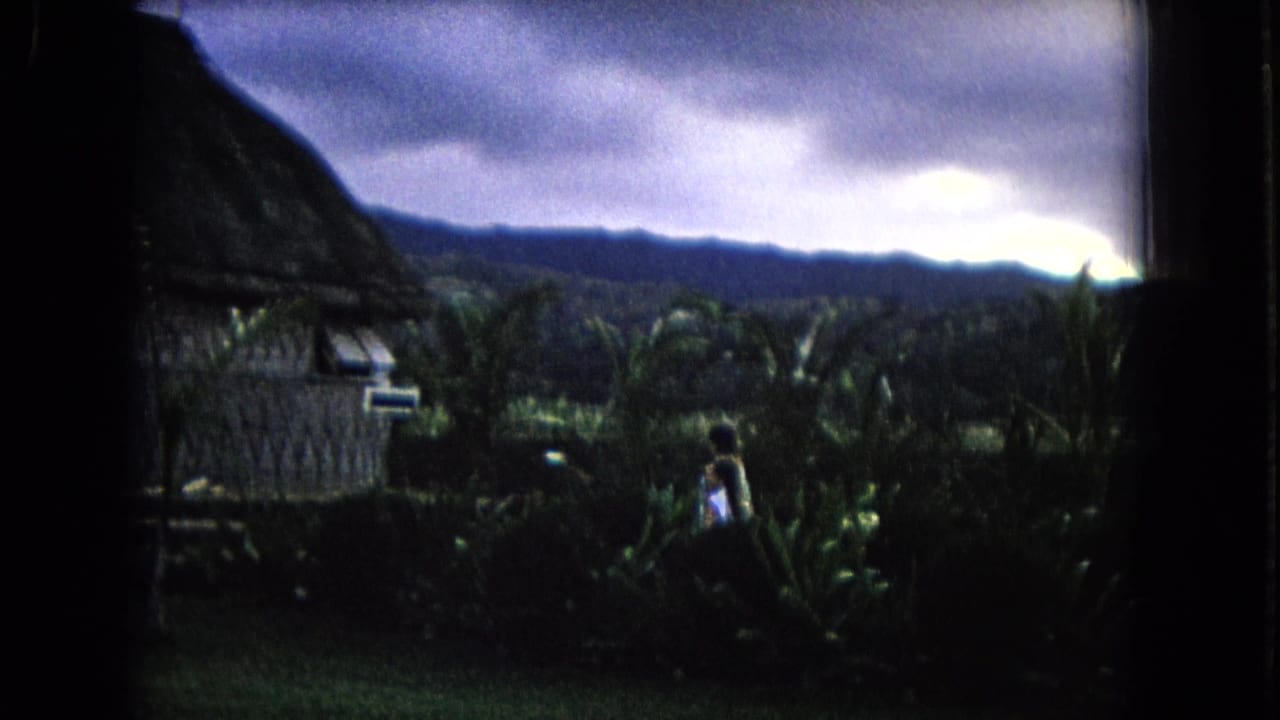 Tropical landscape with thatched huts, mountains, cloudy sky, and a person near dense greenery.