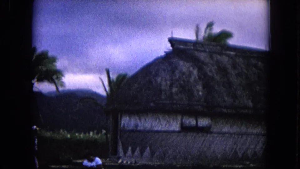 1968 Honolulu travel footage frame showing the side of a thatched hut, nearby palms, grass, and distant dark hills beneath a cloudy sky.