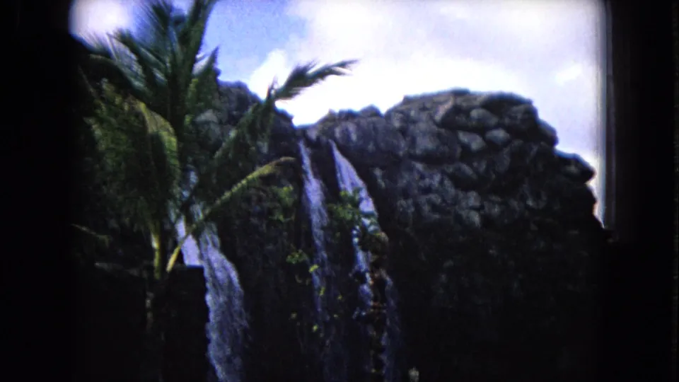 1968 Honolulu frame with tall palm fronds, volcanic-looking rock, and a waterfall in a tropical outdoor setting.
