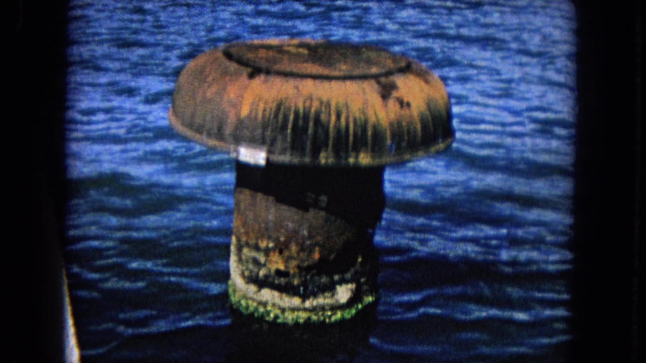 Weathered brown post rising from blue rippling water with dark film borders.