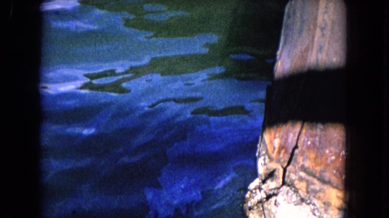 Blue-green water beside a weathered wooden piling in close view.