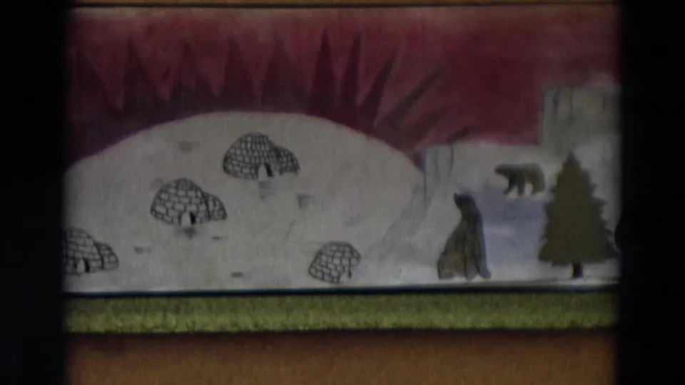 Handmade Arctic backdrop in the 1968 Lahaina Maui clip, showing igloos, polar bears, snowy ground, and a tree shape.